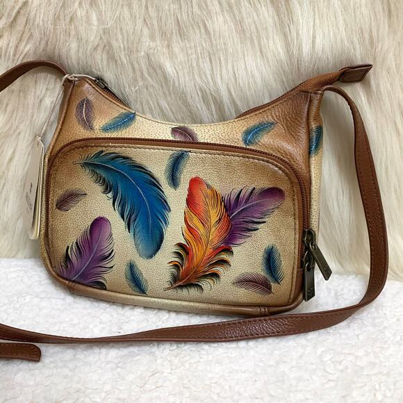 ANUSCHKA Colorful Small Hand Painted Leather "FEATHERS" Zip Top Organizer XBody - Picture 16 of 16